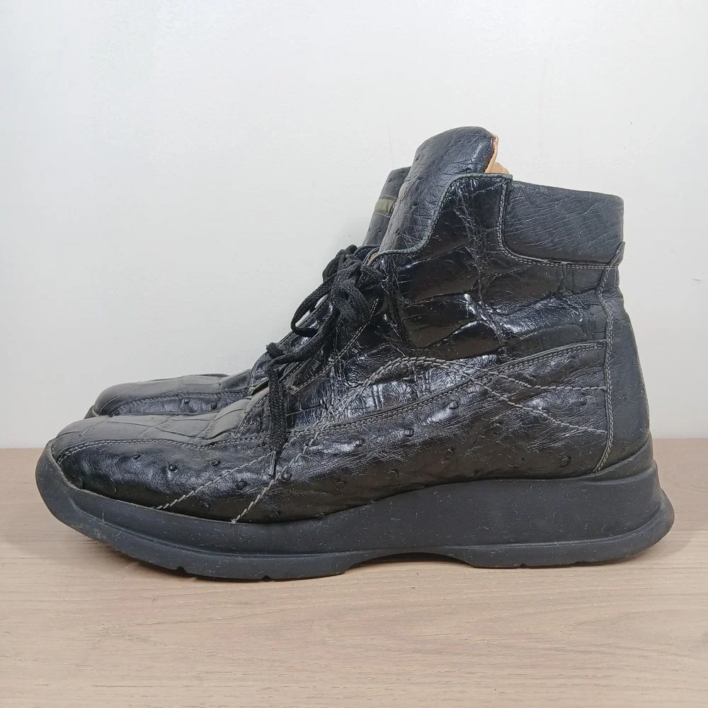 Rare Fennix Italy Exotic Ostrich Leather Boots Men 46 Black High Top Square Toe
